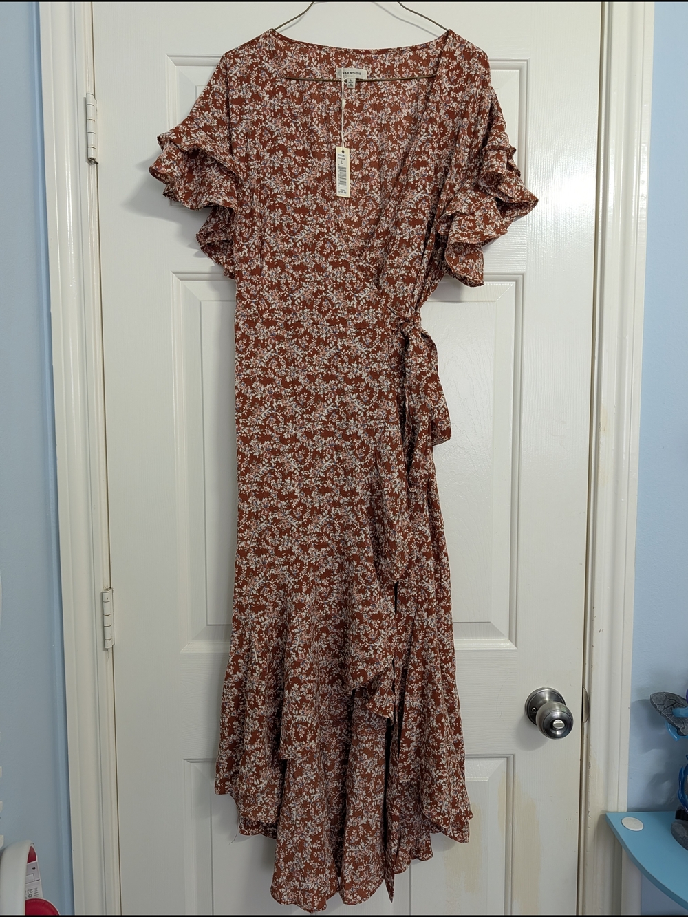 Tagged Max Studio Rust Floral Wrap Maxi Dress with Ruffle Sleeves, Large